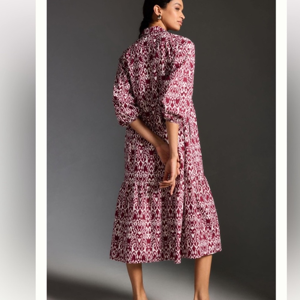 MAEVE NWT Boho Cottage 100% Cotton Wine/White Ikat Print 3/4 SLV Tiered Midi XS